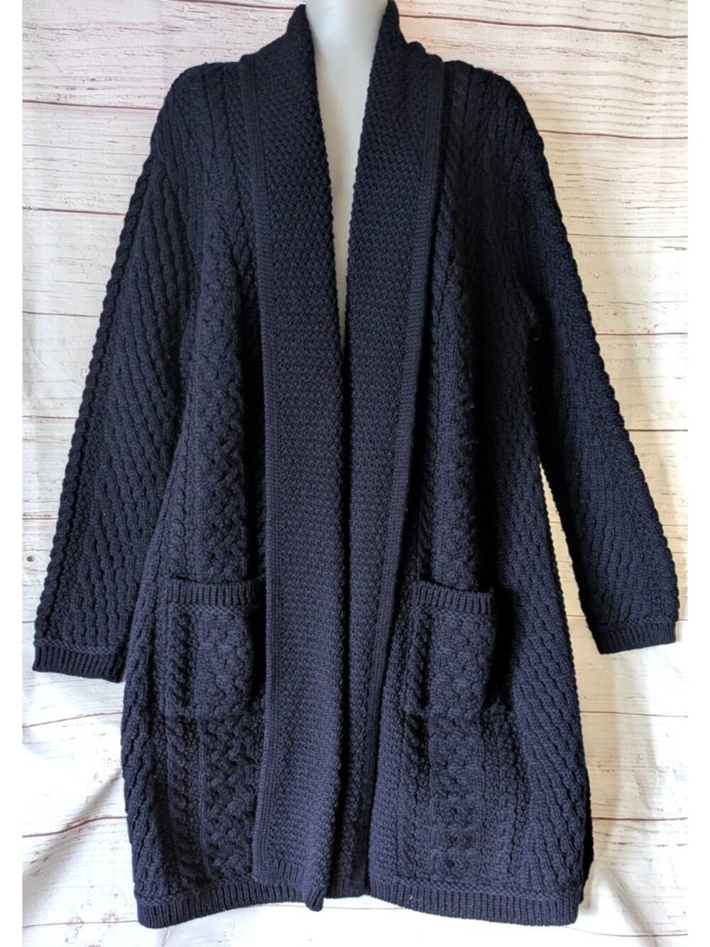 Aran Mor Women Cardigan Coat 100% Merino Wool Navy Blue Chunky Knit Sz L Ireland